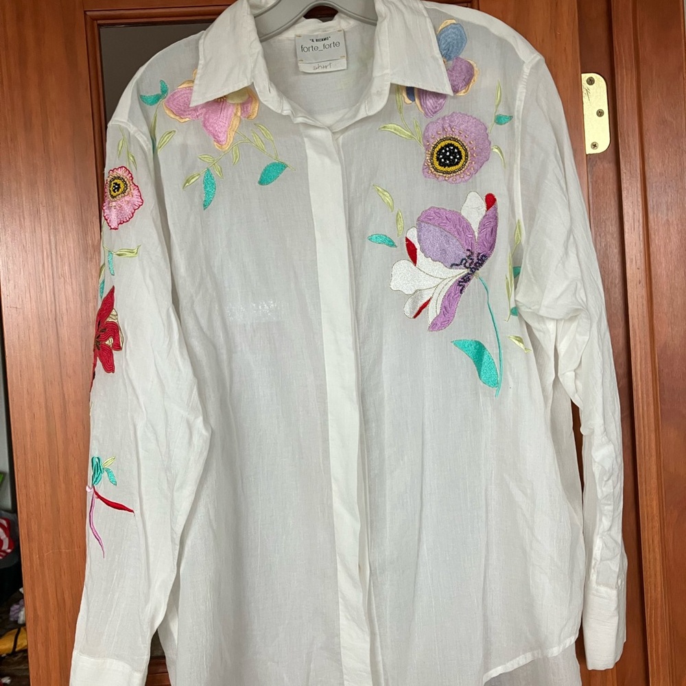 Embroidered Beaded Floral White Button-Up Shirt Dress